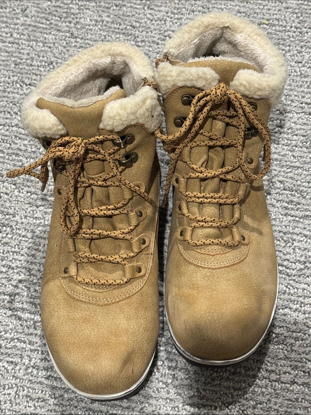 JBU Tan Lace-Up Faux-Shearling Ankle Boots